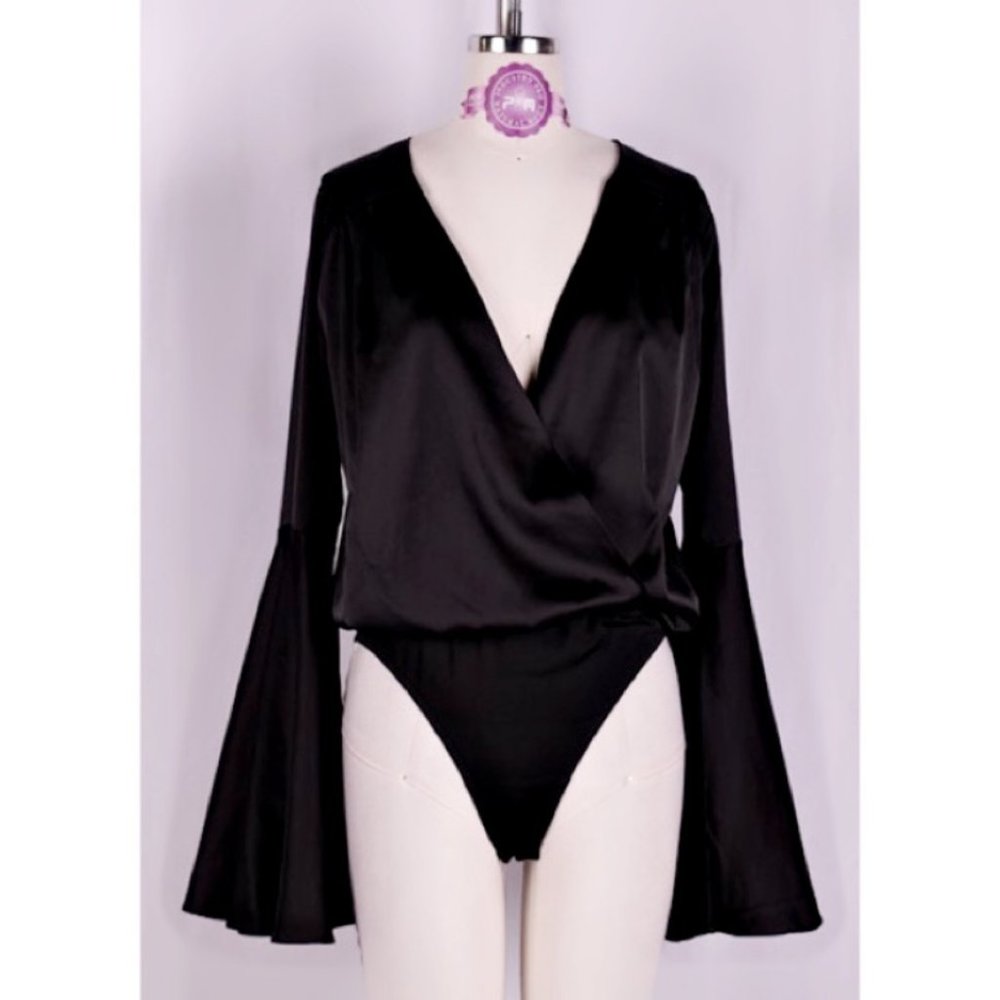 Lulus Satin Bell Sleeve Surplice Bodysuit